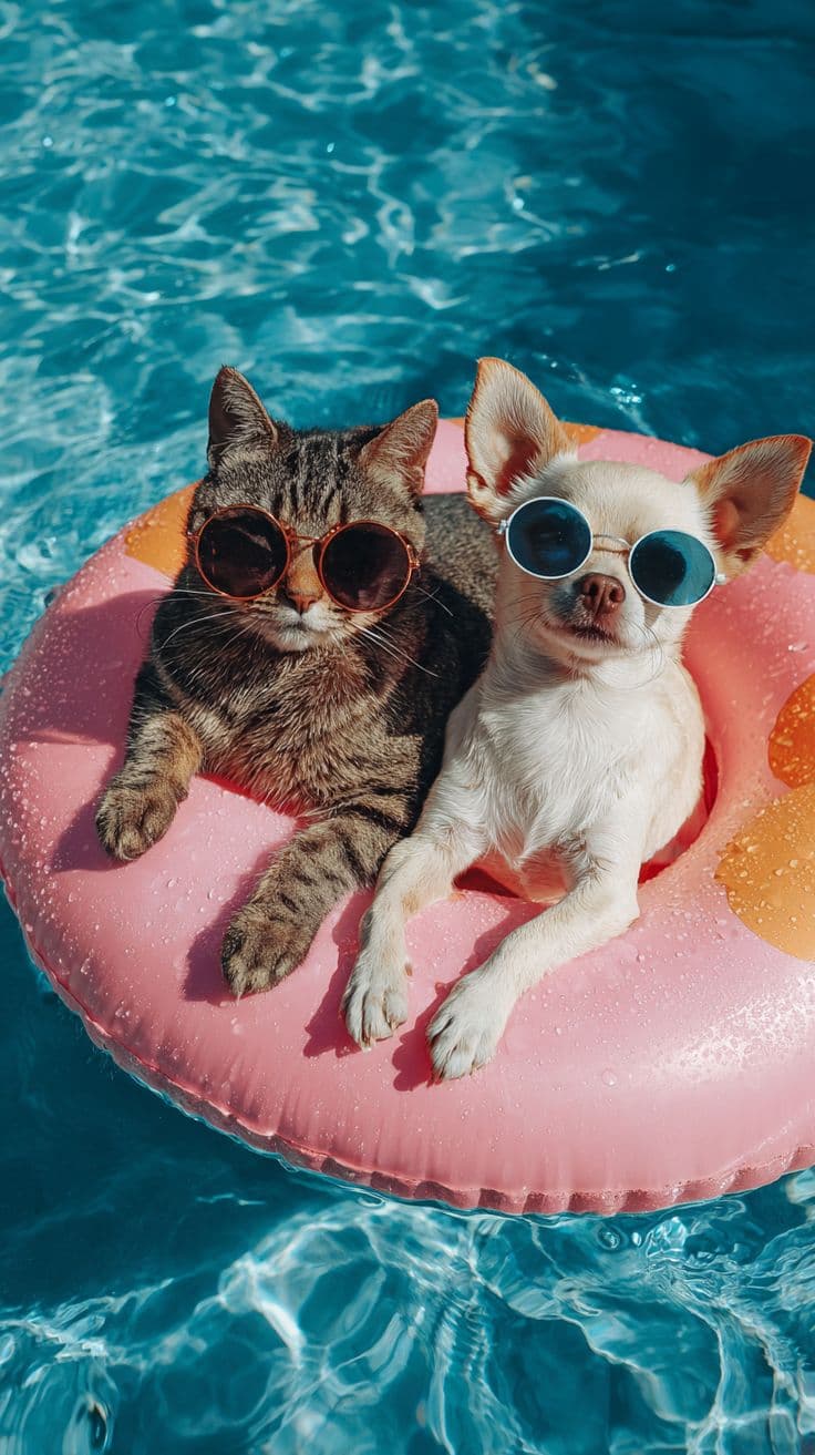 A cat and a dog in sunglasses relaxing on a pink pool float
